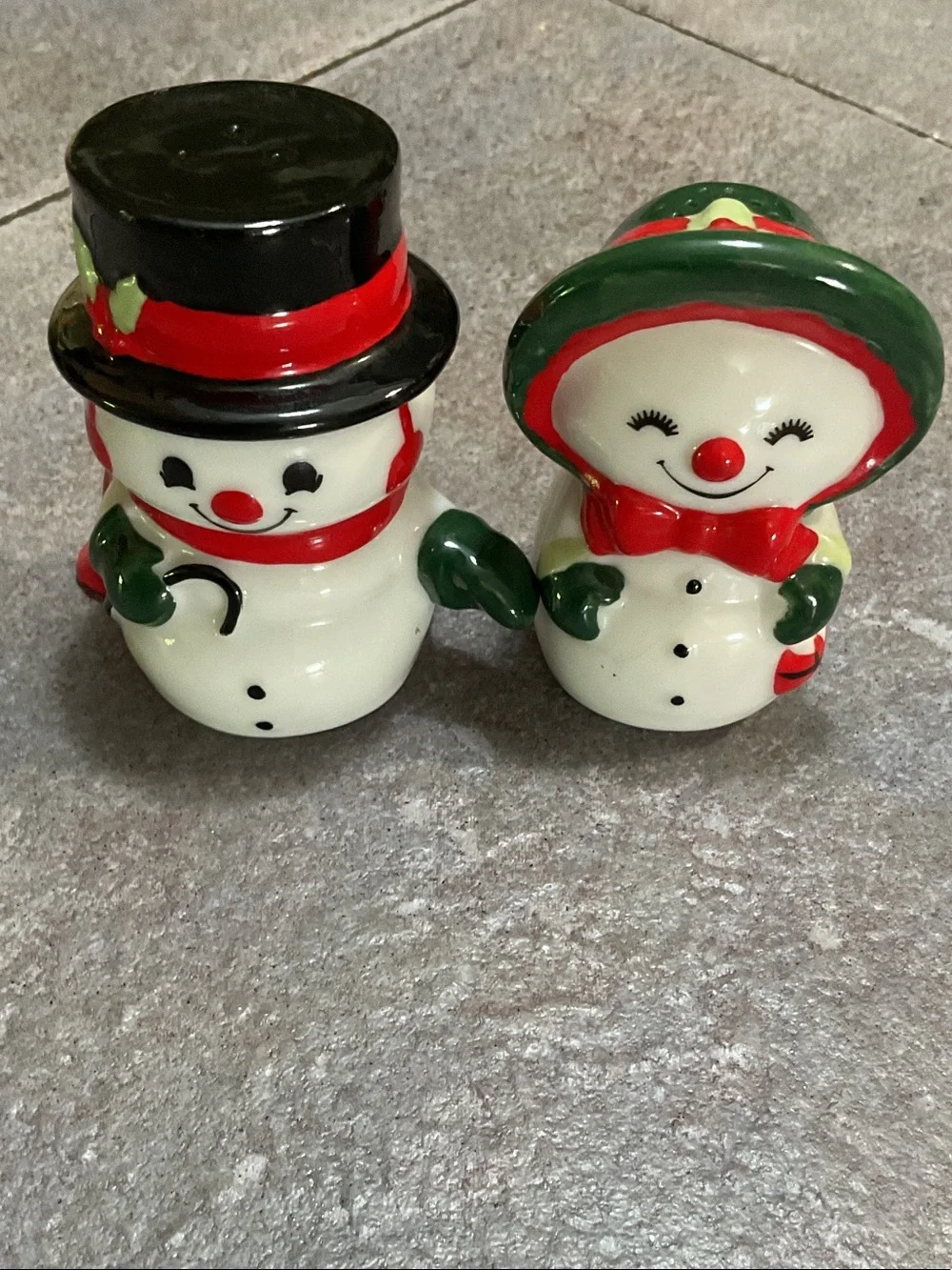 Hallmark Cream, Black, Red and Green Ceramic Snowman Couple Figurines